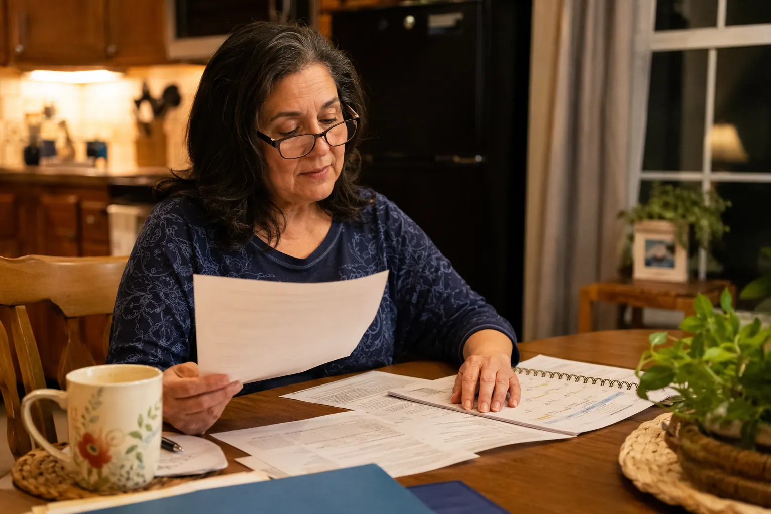 Caregiver reviewing Medicare paperwork and a printed calendar at a kitchen table