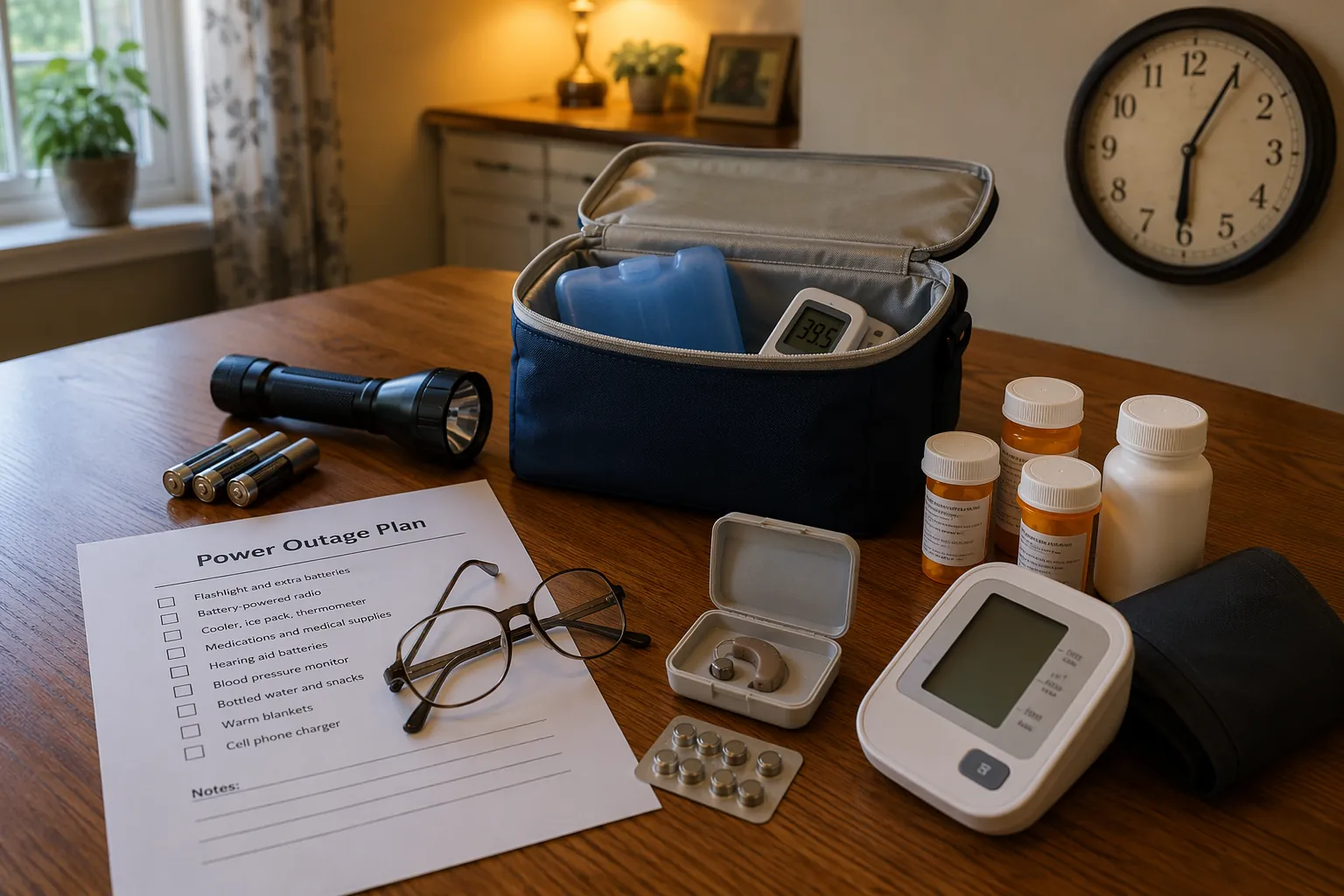 Printed power outage checklist with flashlight, cooler, thermometer, hearing aid batteries, blood pressure monitor, and medications on a kitchen table