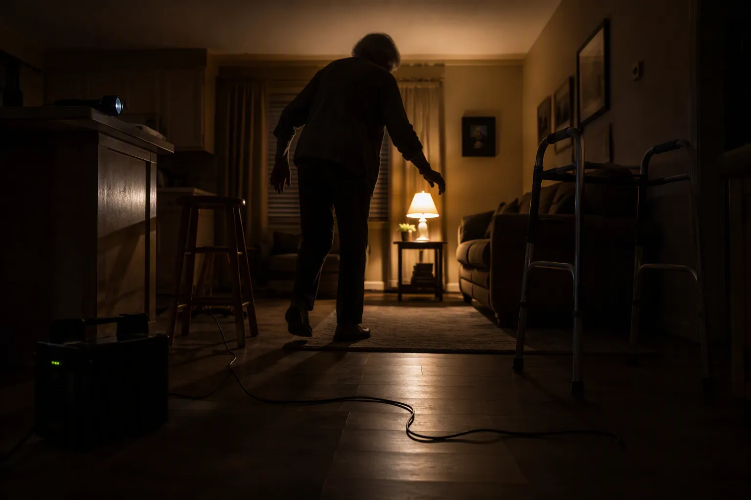 Dim living room during a power outage with an older adult, walker, backup battery cord, and flashlight out of reach