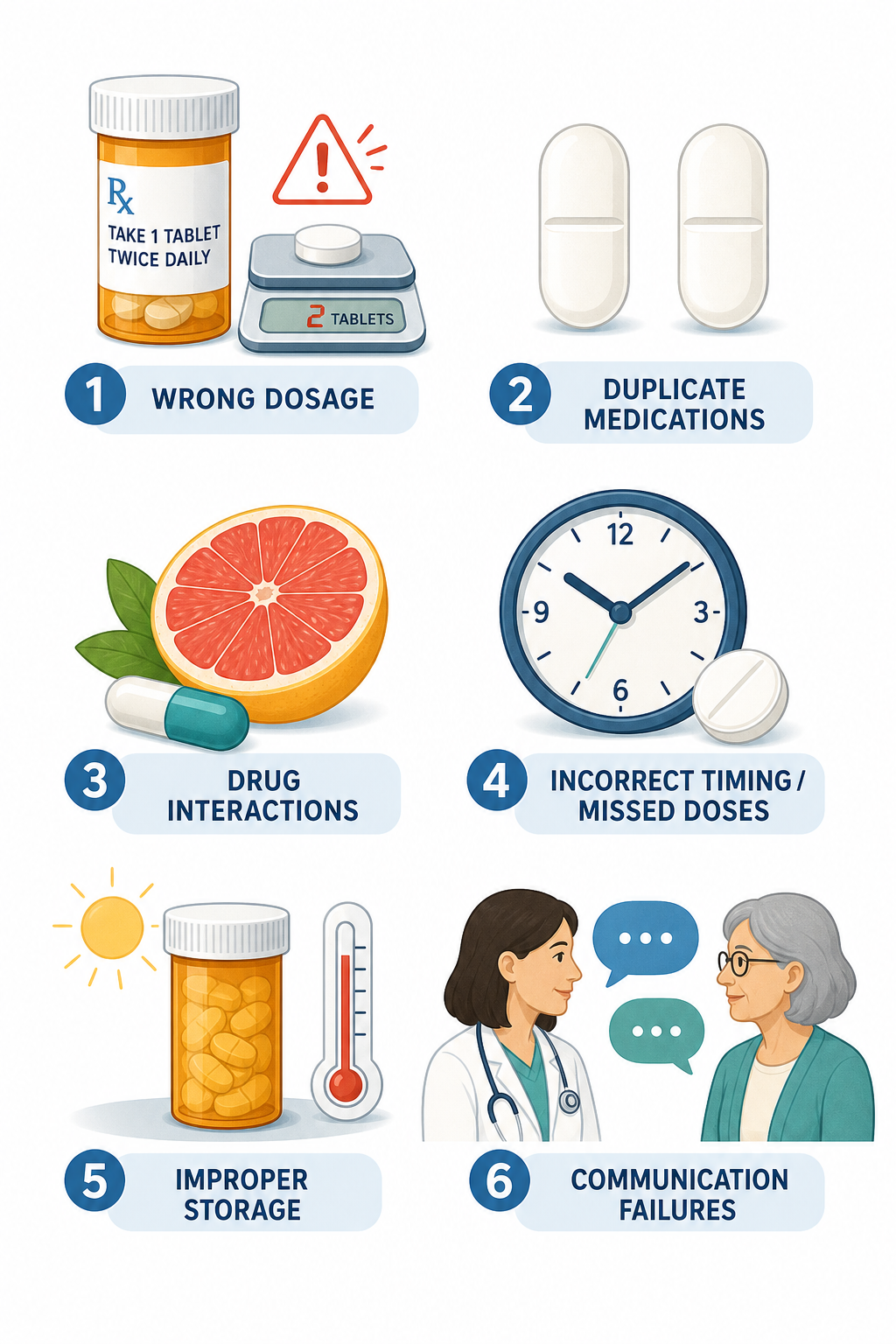 A two-column by three-row grid of flat vector icons representing the six medication error categories.