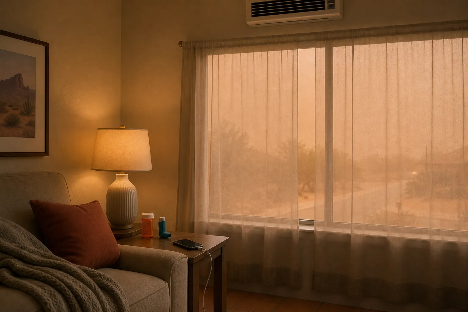 A tidy Southwest living room during a dust storm with a shut window, rescue inhaler, prescription bottle, and charging phone beside an armchair
