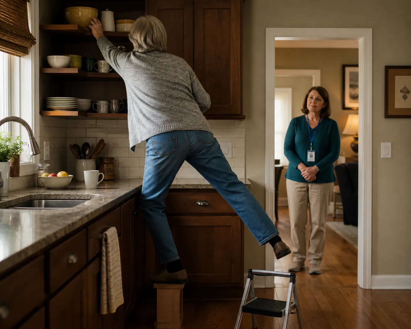 Older adult reaching unsafely across a kitchen counter while a caregiver watches from the doorway