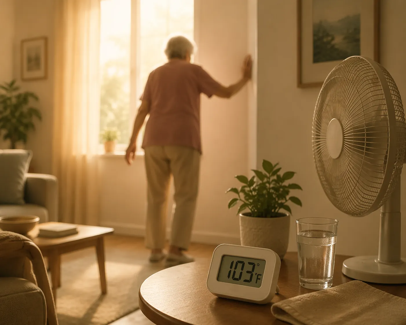 Older adult in a hot room reaching toward a wall for support near a thermometer reading 103°F
