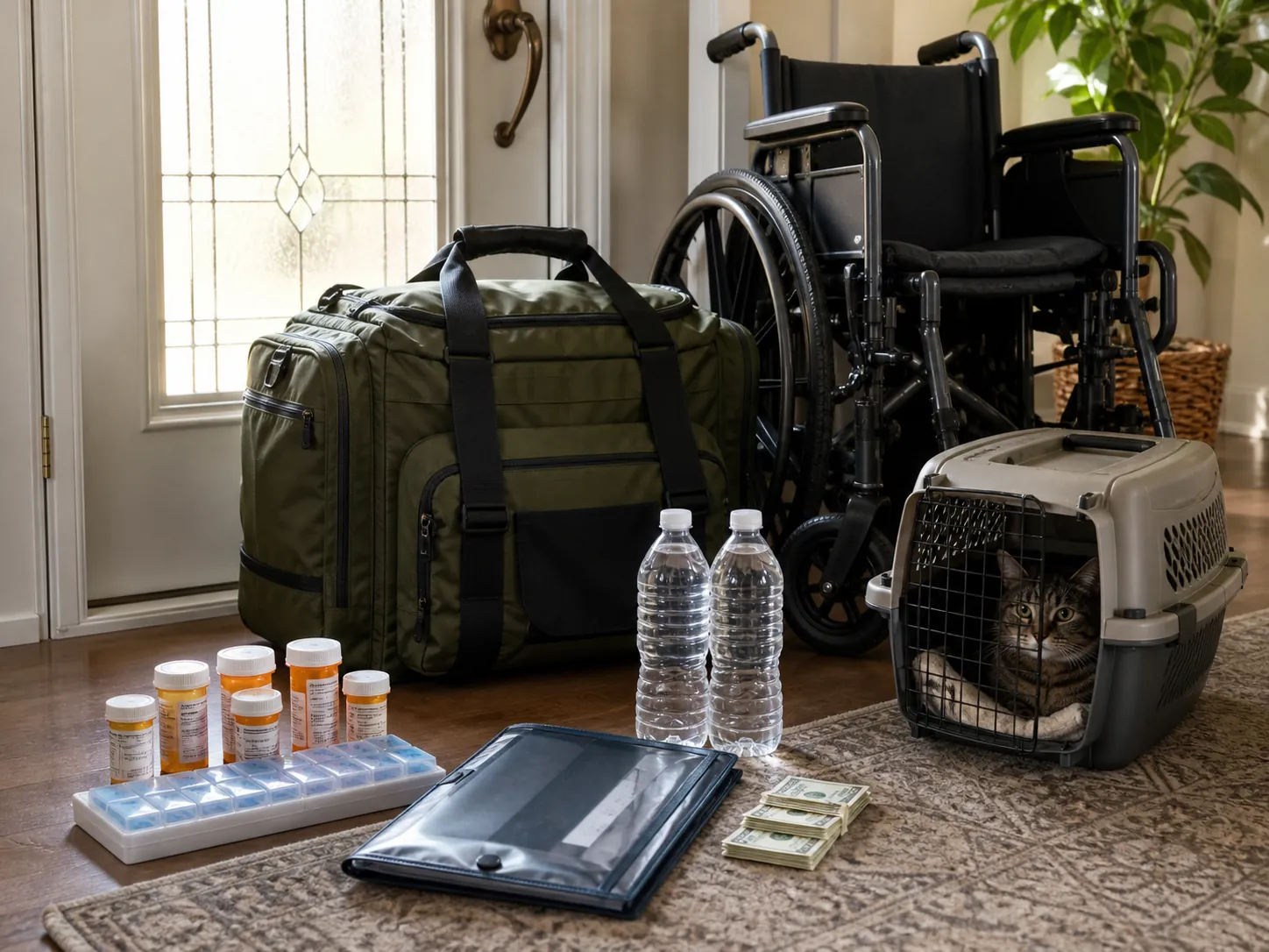 Evacuation duffel by the front door beside a folded manual wheelchair, medications, waterproof documents, cash, water, and a pet carrier