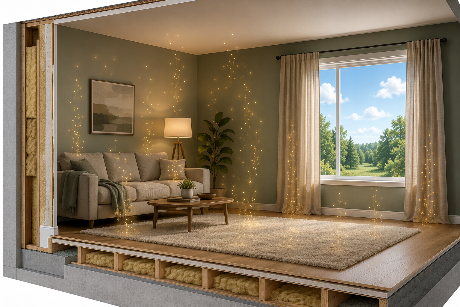 Living room cross-section showing wildfire smoke VOC particles slowly rising from carpet, curtains, sofa fabric, and painted walls while outdoor air appears clear