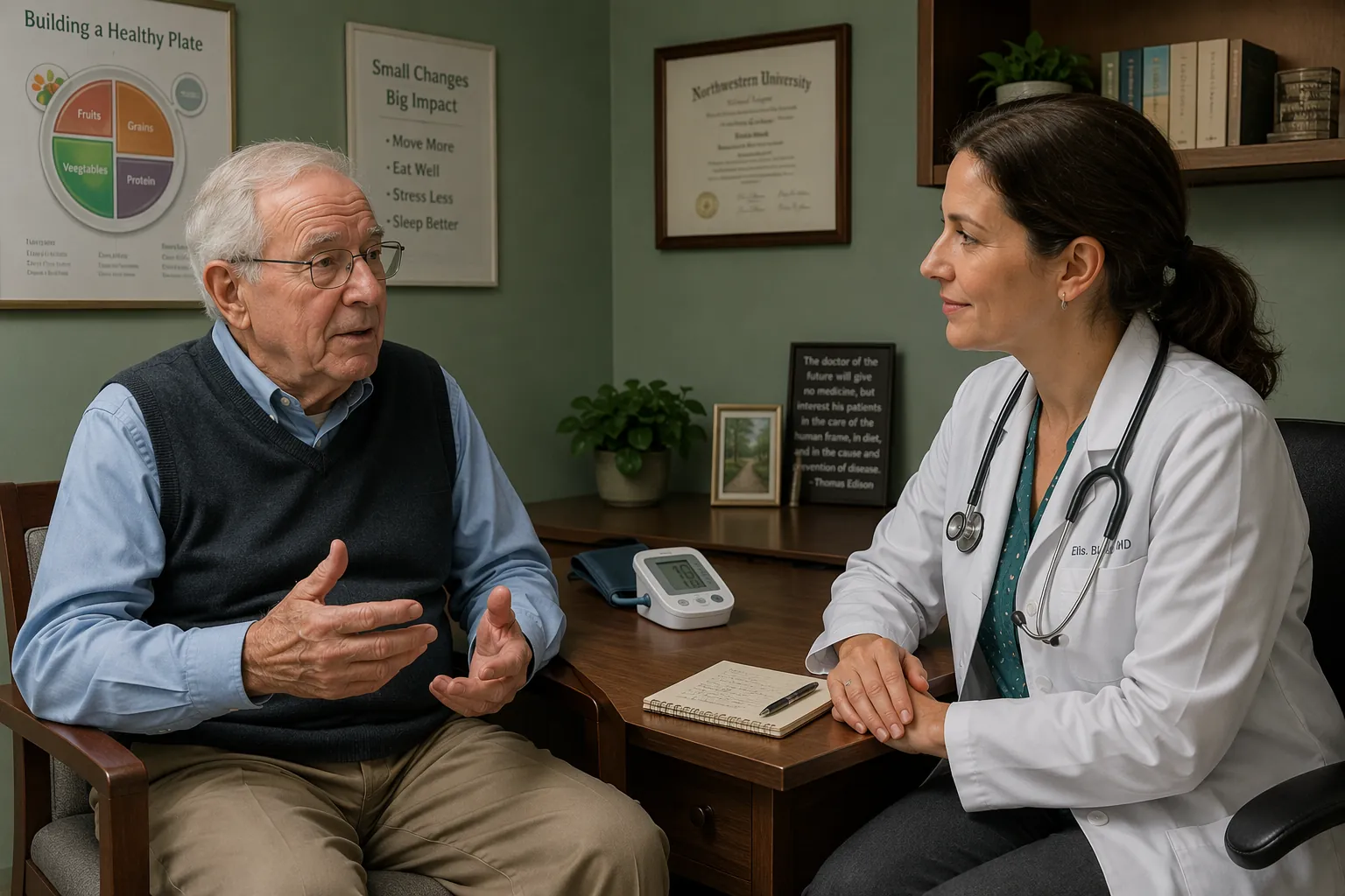 Older man discussing health concerns with a doctor beside a blood pressure monitor