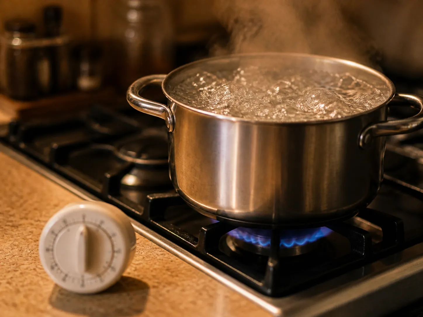 Pot of water at a full rolling boil with a kitchen timer nearby
