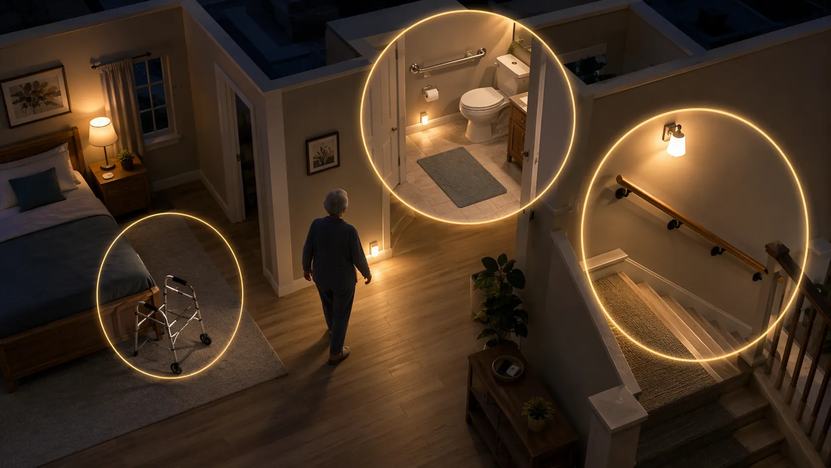 Home fall-prevention zones with bathroom grab bar, lit hallway, and safe staircase