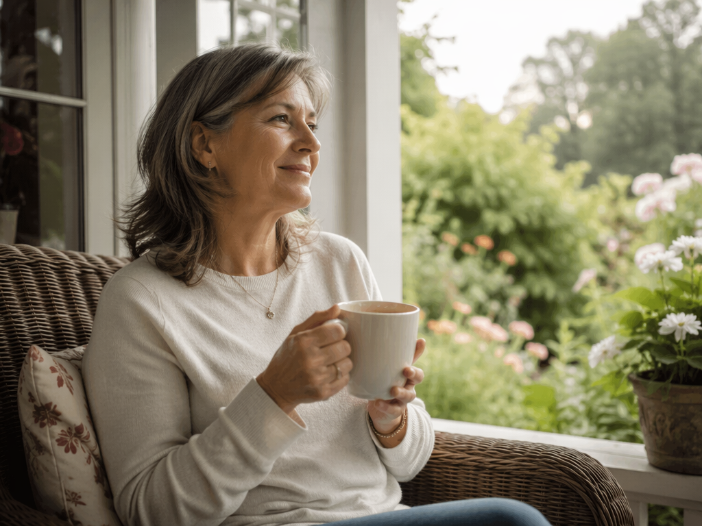 A middle-aged woman sitting peacefully on a quiet porch holding a cup of tea, looking out at a garden with a calm, relieved expression in soft morning light, conveying a sense of caregiver respite and restored well-being