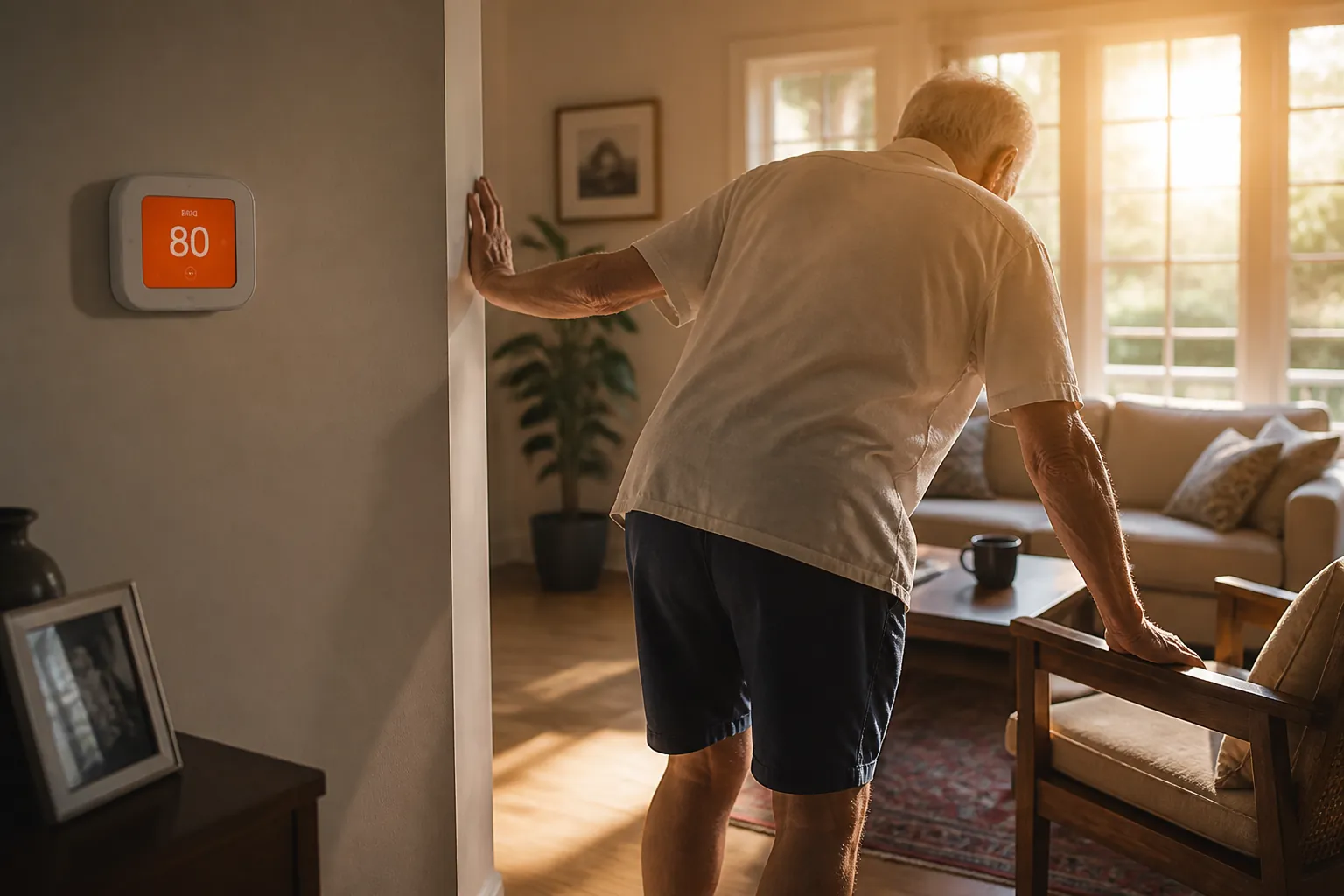 Older adult standing unsteadily in a warm living room near a thermostat showing a high temperature