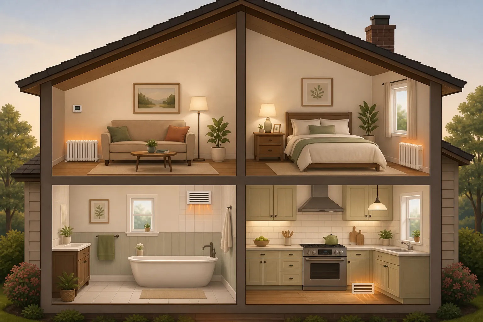 Cutaway of a home showing living room, bedroom, bathroom, and kitchen temperature considerations