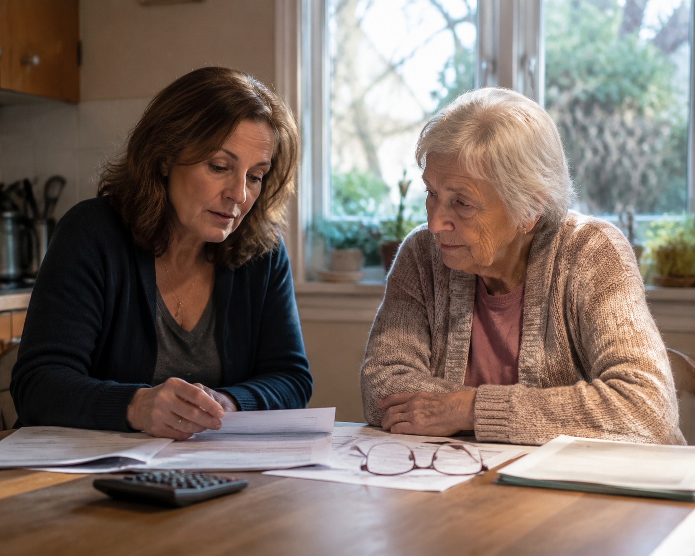 Adult daughter reviewing paperwork with her elderly mother at a kitchen table