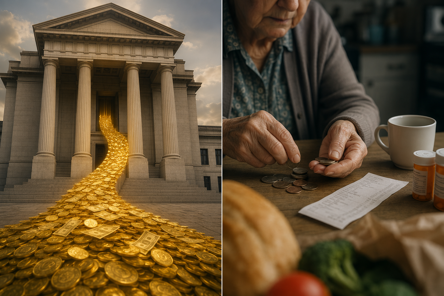 Lottery money flowing into a pension building beside an older person managing bills, coins, receipts, and pill bottles at a kitchen table