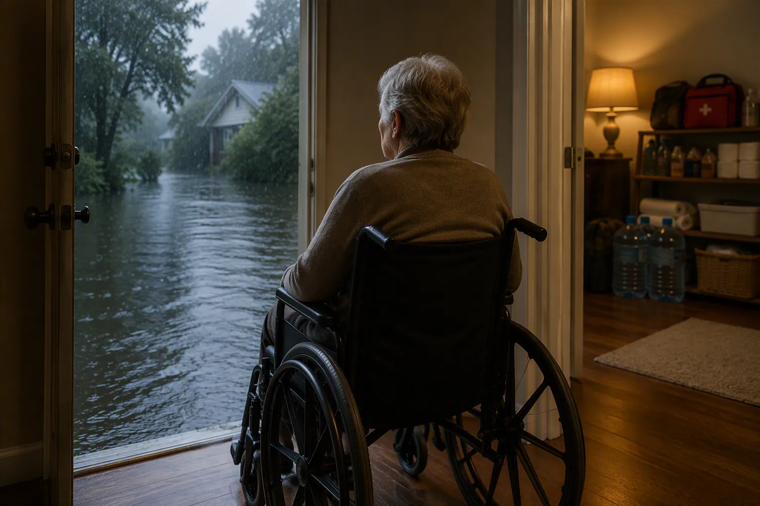 Older adult in a wheelchair near an open doorway looking out at rain and floodwater