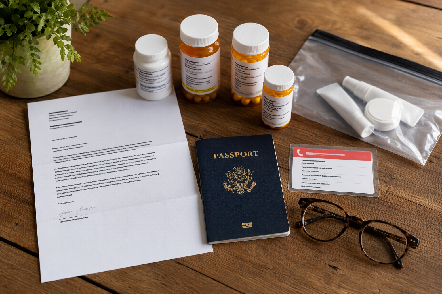 Prescription bottles in original containers with a passport, doctor letter, emergency contact card, and travel pouch