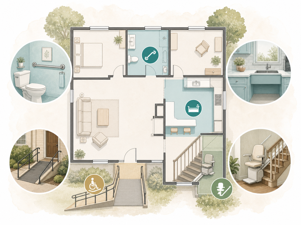 A minimal editorial illustration of a house floor plan outline with highlighted zones: a bathroom area with a grab bar icon, a kitchen area with a lowered counter icon, an entryway with a ramp icon, and stairs with a stairlift icon.