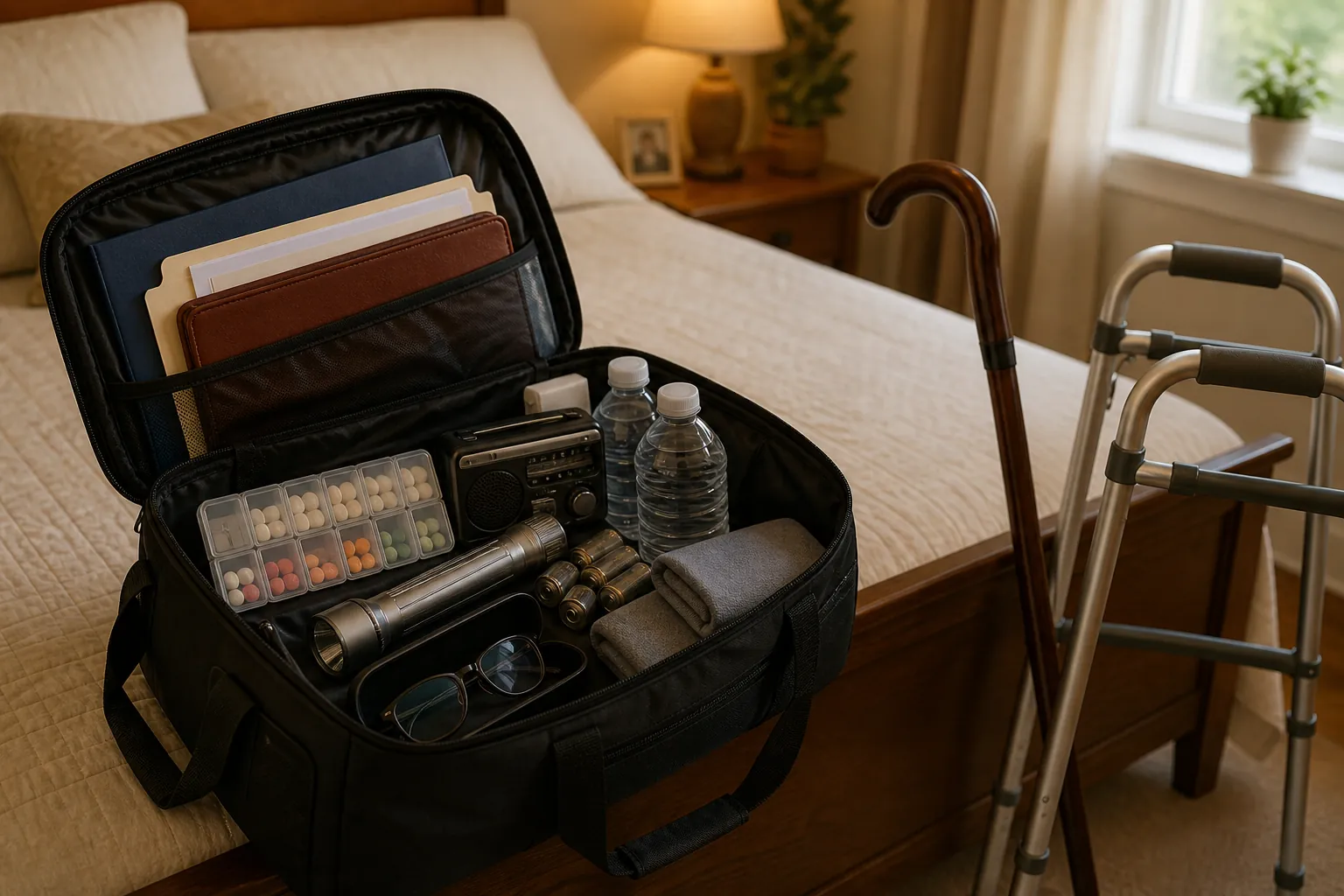 Senior emergency go-bag with pill organizer, documents, flashlight, batteries, water, radio, eyeglasses, cane, and walker