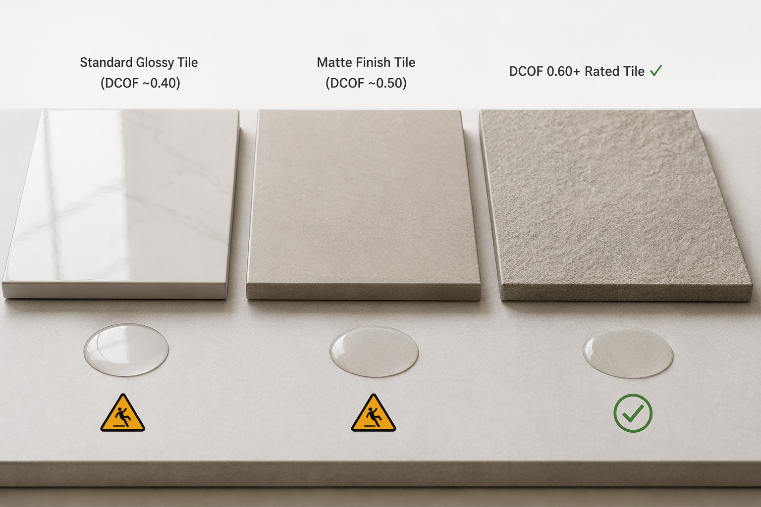 Side-by-side comparison of three bathroom floor tile samples on a light surface: glossy polished porcelain labeled DCOF ~0.40, smooth matte finish tile labeled DCOF ~0.50, and textured matte porcelain tile labeled DCOF 0.60+ Rated Tile with a green checkmark, with water droplets and slip hazard icons below the first two tiles
