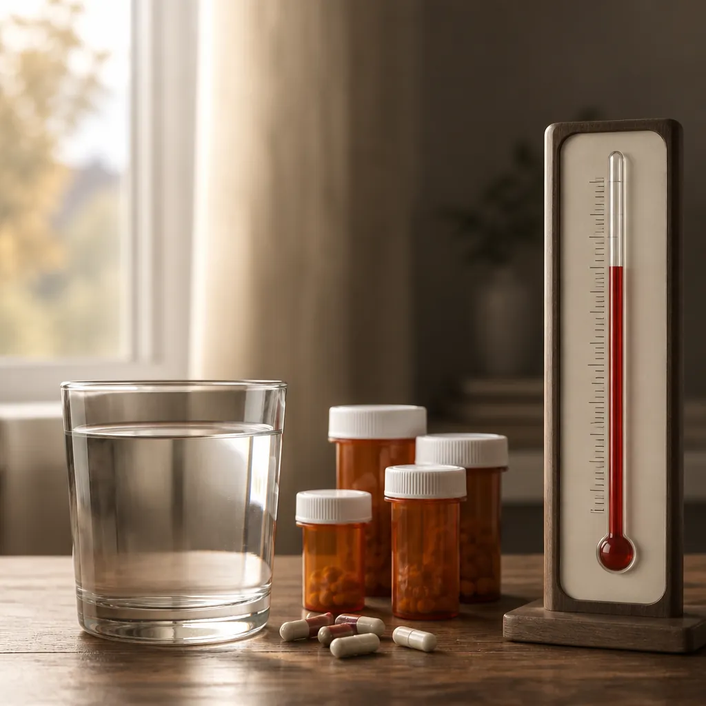 Prescription pill bottles, capsules, a glass of water, and a thermometer in warm light