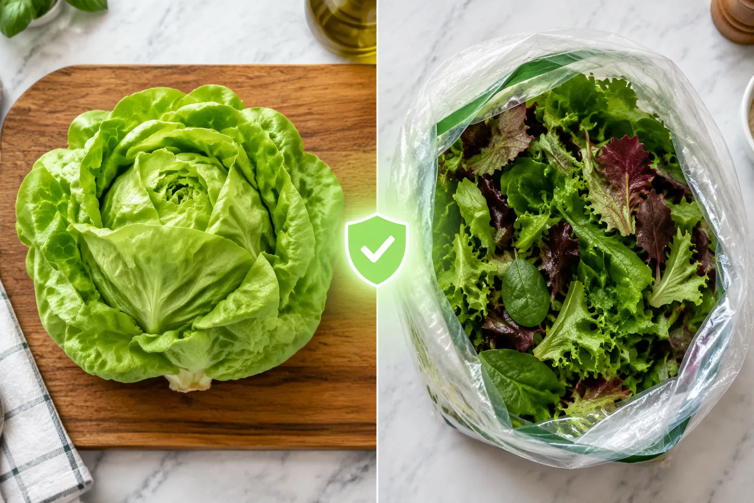 Whole head of lettuce compared with an open bag of pre-washed mixed salad greens