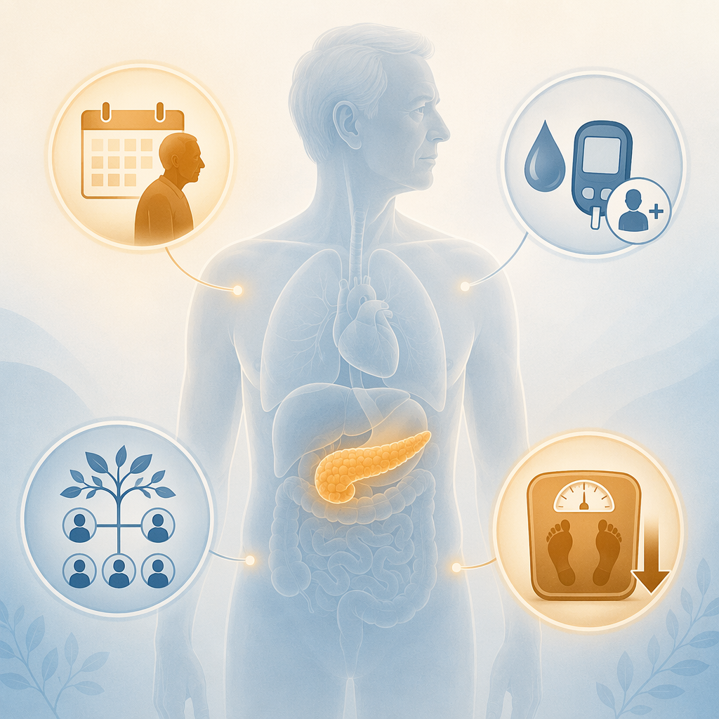 Illustration of pancreatic cancer risk markers including age 65 plus, diabetes, family history, and weight change