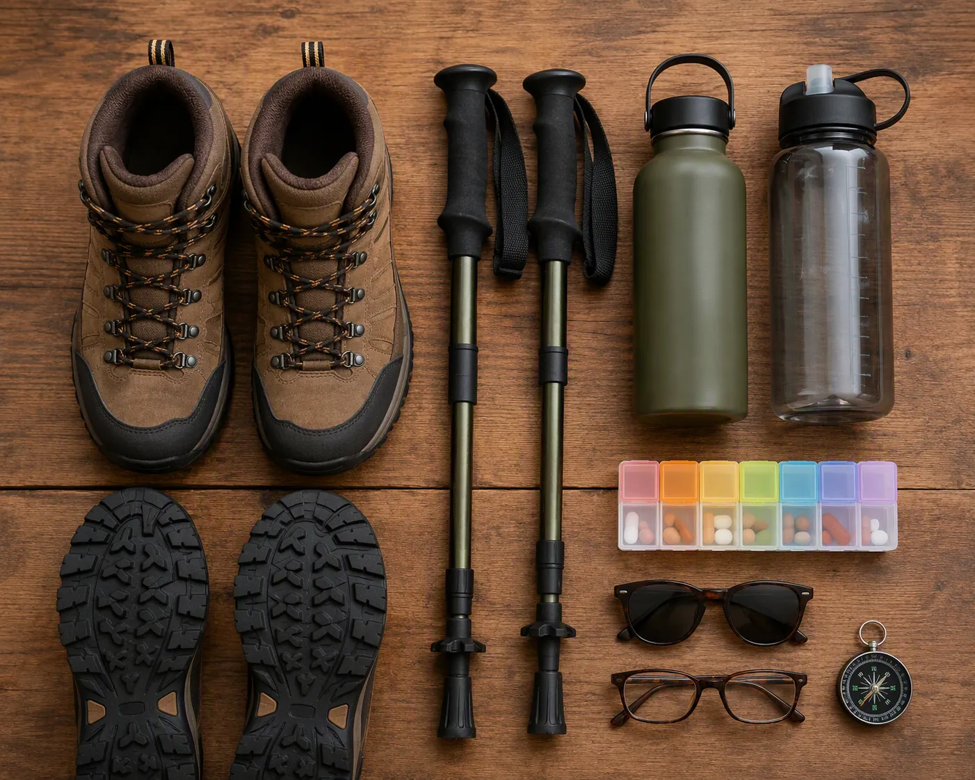 Pre-trip hiking gear including treaded boots, trekking poles, water bottles, pill organizer, glasses, sunglasses, and compass