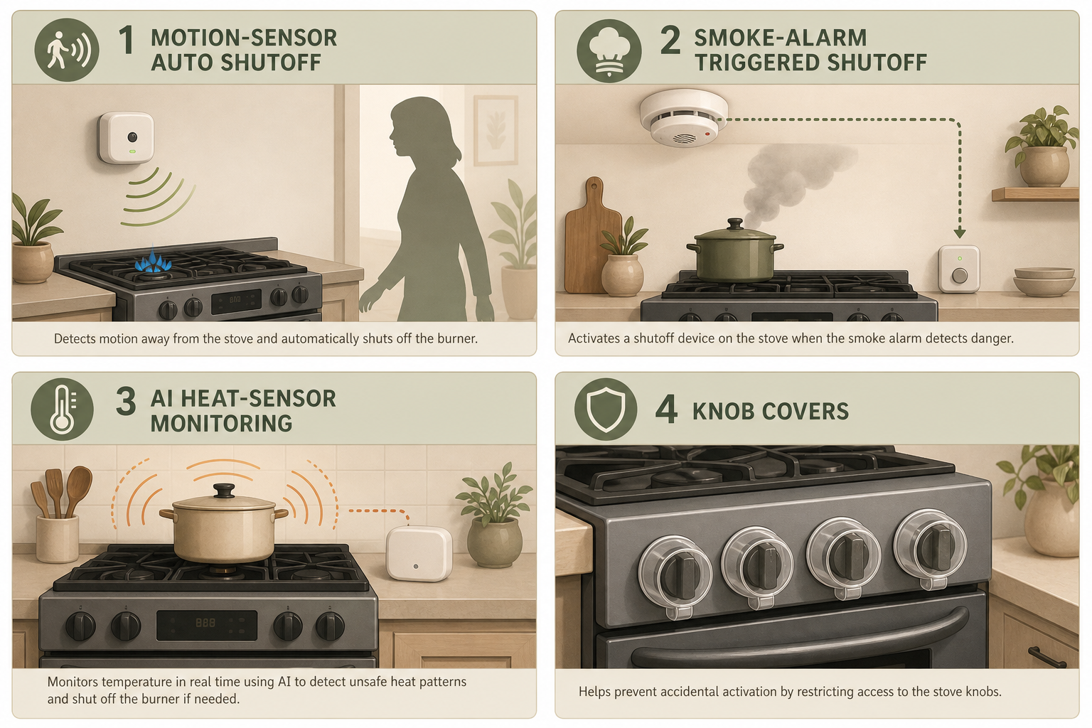 A 2x2 grid editorial illustration showing four stove safety device types: top left shows a motion-sensor auto shutoff device with a human silhouette, top right shows a smoke alarm connected to a stove shutoff device, bottom left shows a heat-sensor device with thermal wave lines, bottom right shows simple knob covers on stove knobs. Warm earth tones, product-neutral style.