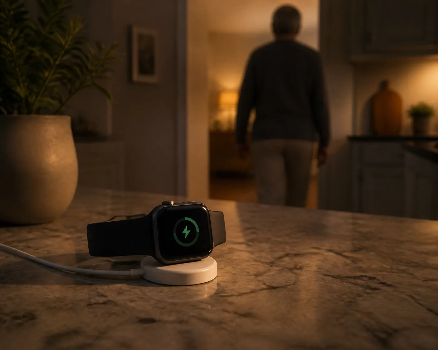 Smartwatch resting on a charging puck while an older adult walks away in the background