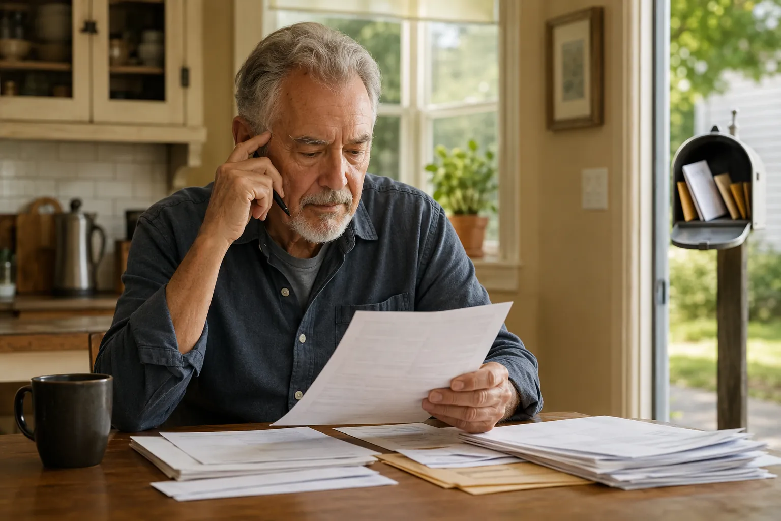 Older adult reviewing student loan documents and bills at a kitchen table