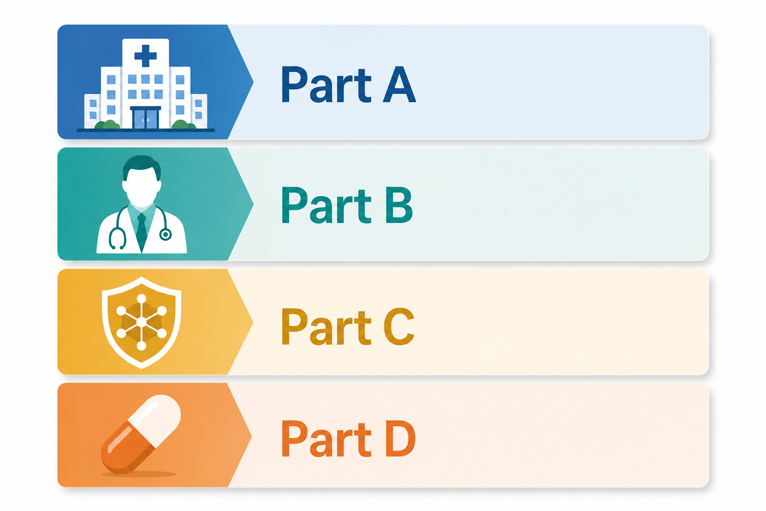 A flat-design diagram with four color-coded quadrants representing Medicare Parts A, B, C, and D, each with a distinct icon — hospital, doctor, shield, and pill.