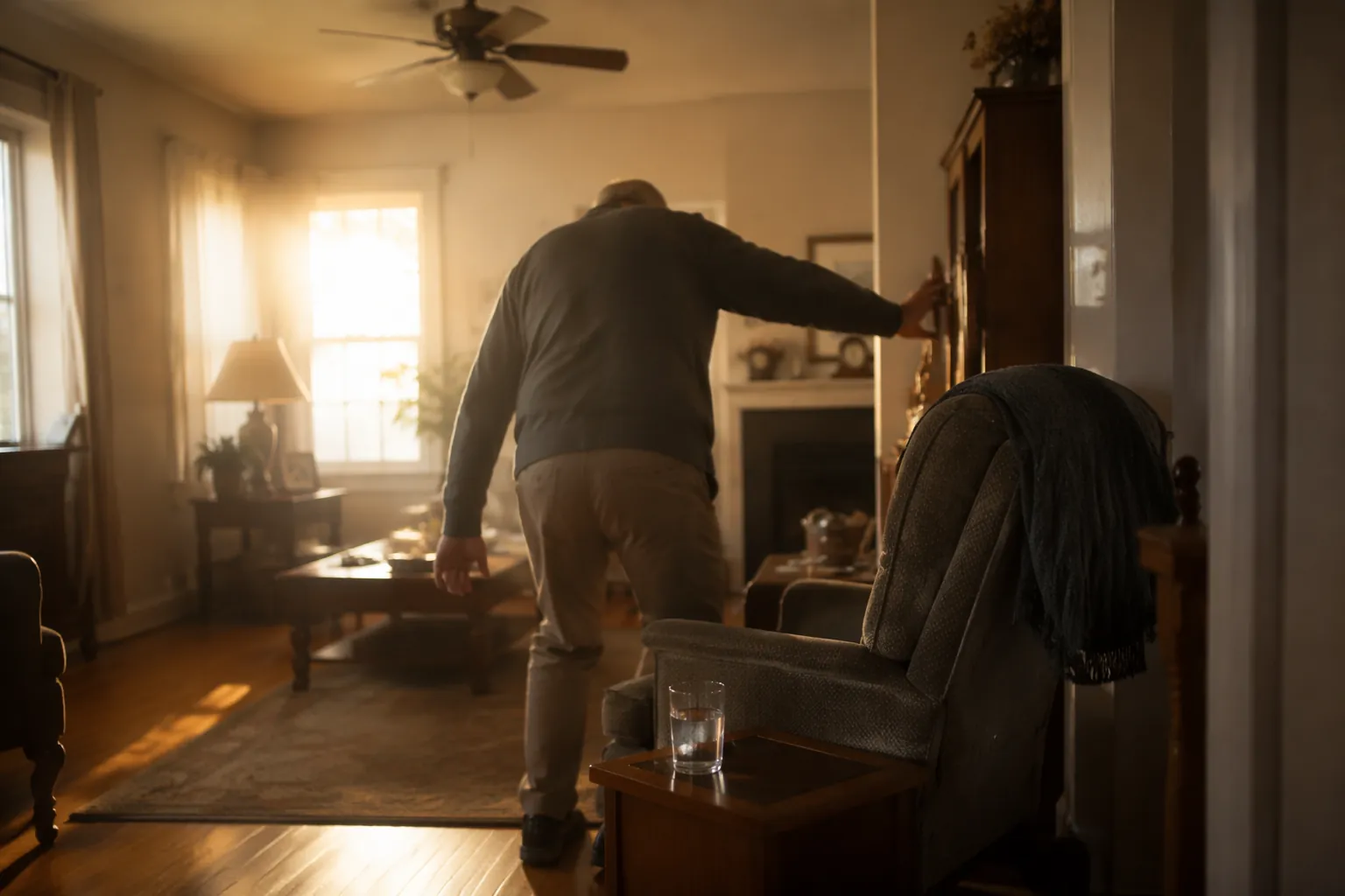Older adult standing from an armchair in a warm room while reaching for balance, with a glass of water nearby