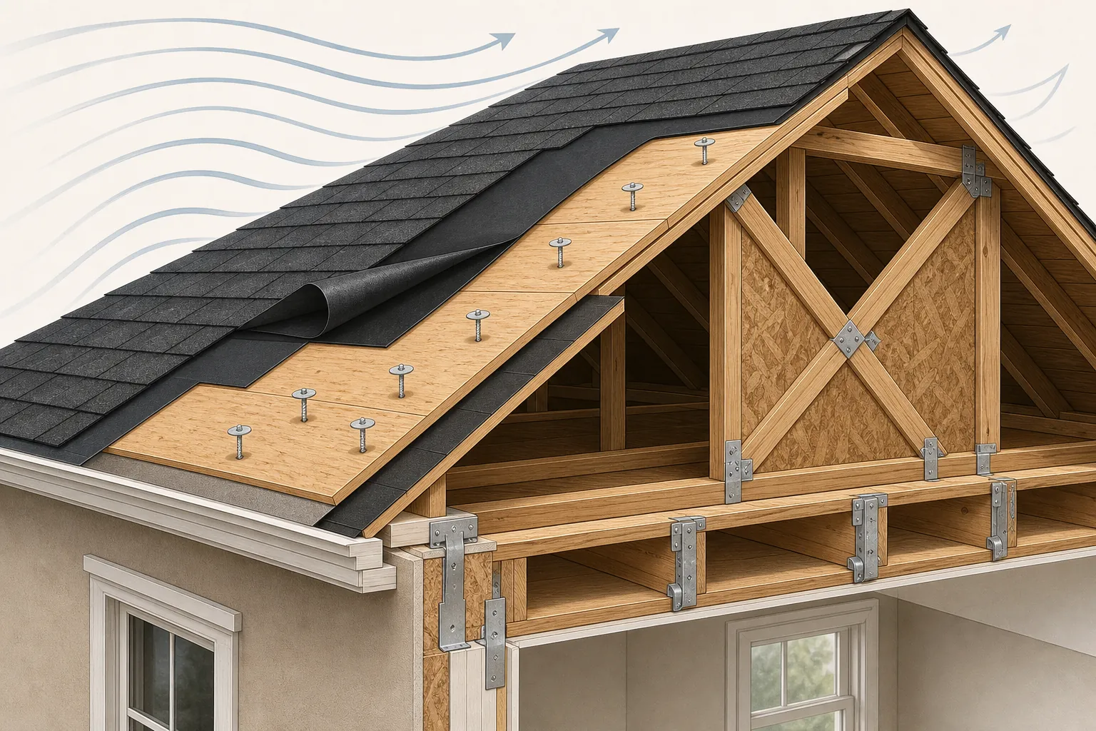 Cutaway illustration of a residential roof system with hurricane wind-mitigation layers and roof-to-wall connections