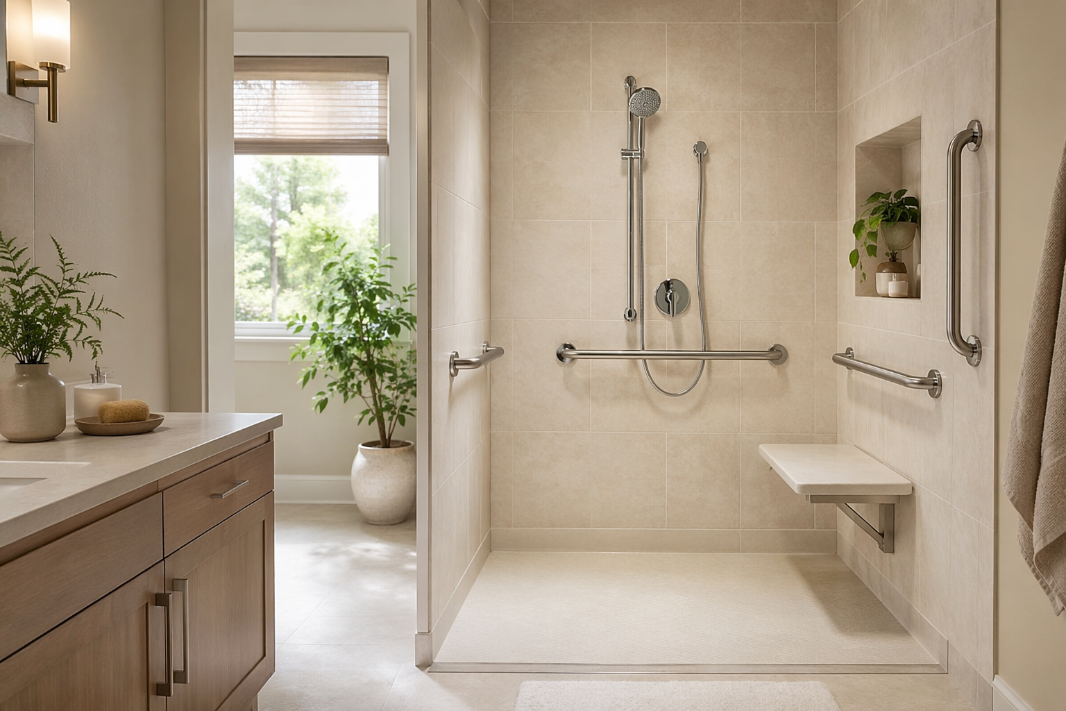 Senior-friendly bathroom with curbless shower, built-in bench, grab bars, handheld shower head, and non-slip flooring