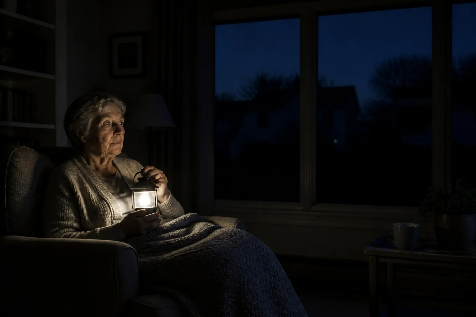 Older adult in a dark living room during a nighttime power outage, wrapped in a blanket and holding a battery-powered lantern.