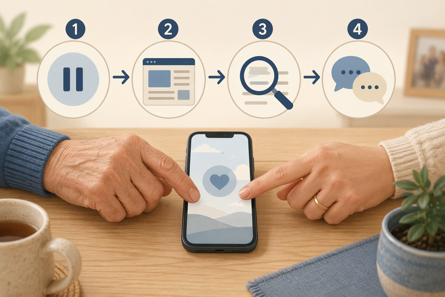 Two hands near a smartphone with icons for pausing, checking news, searching, and having a gentle conversation
