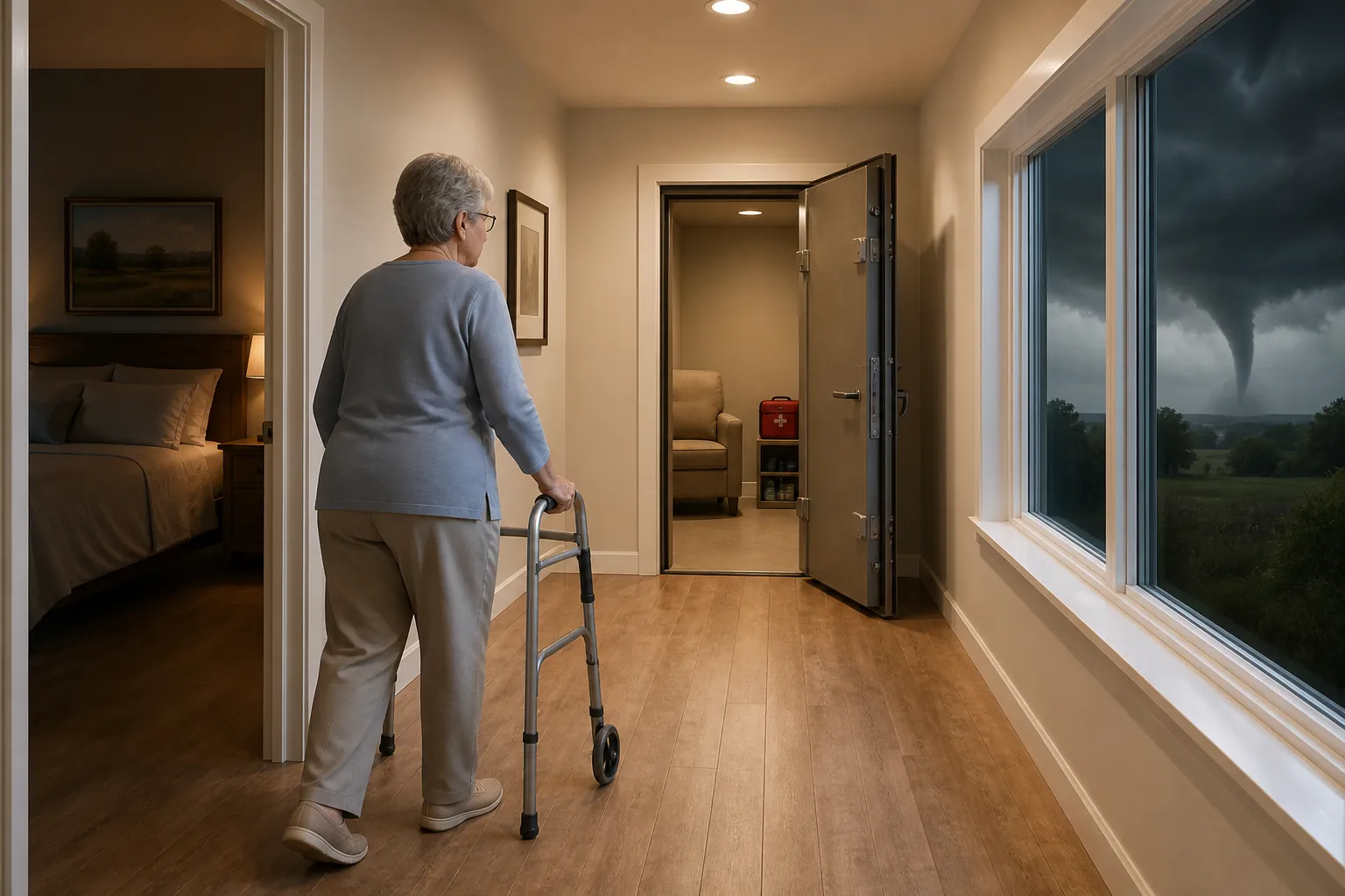 Older adult using a rolling walker moving down a clear, well-lit hallway toward a windowless interior room during tornado weather