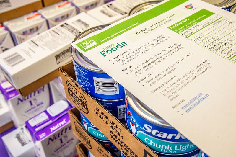 A Commodity Supplemental Food Program food box with shelf-stable foods arranged around it
