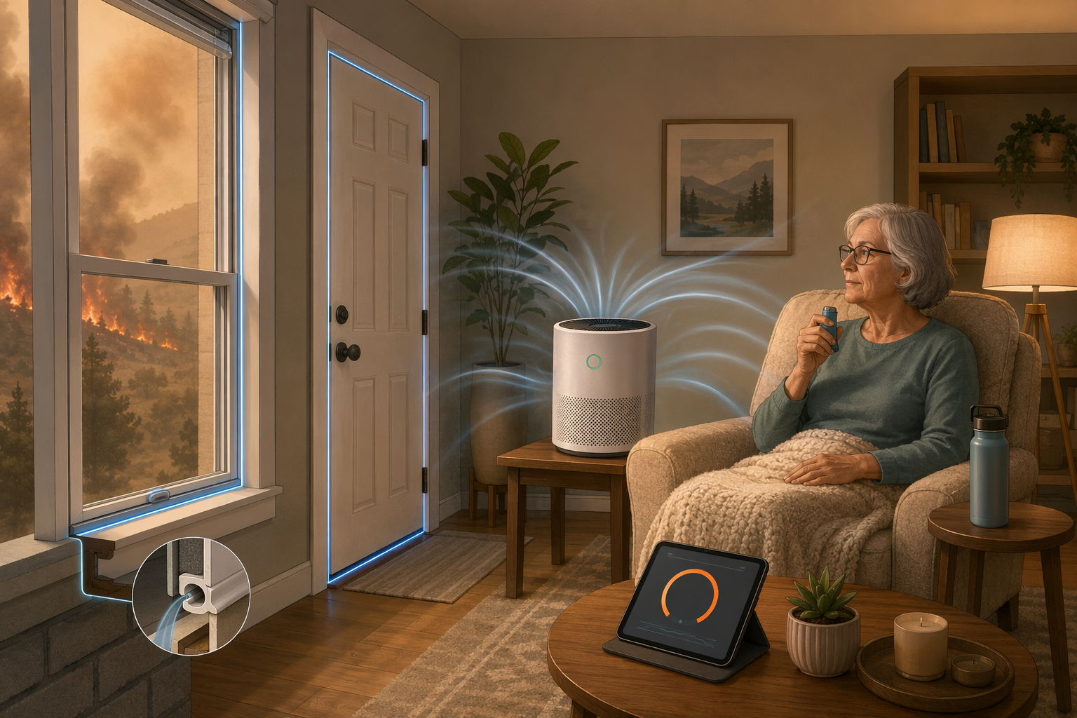 Illustration of a clean room setup with sealed window, HEPA air purifier, rescue inhaler, water, and an AQI app reading Orange 101