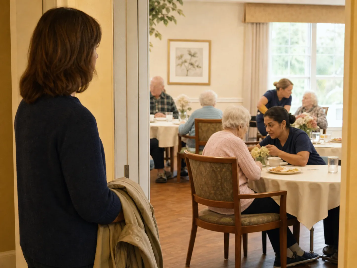 Adult daughter observing staff helping and talking with memory care residents during lunch