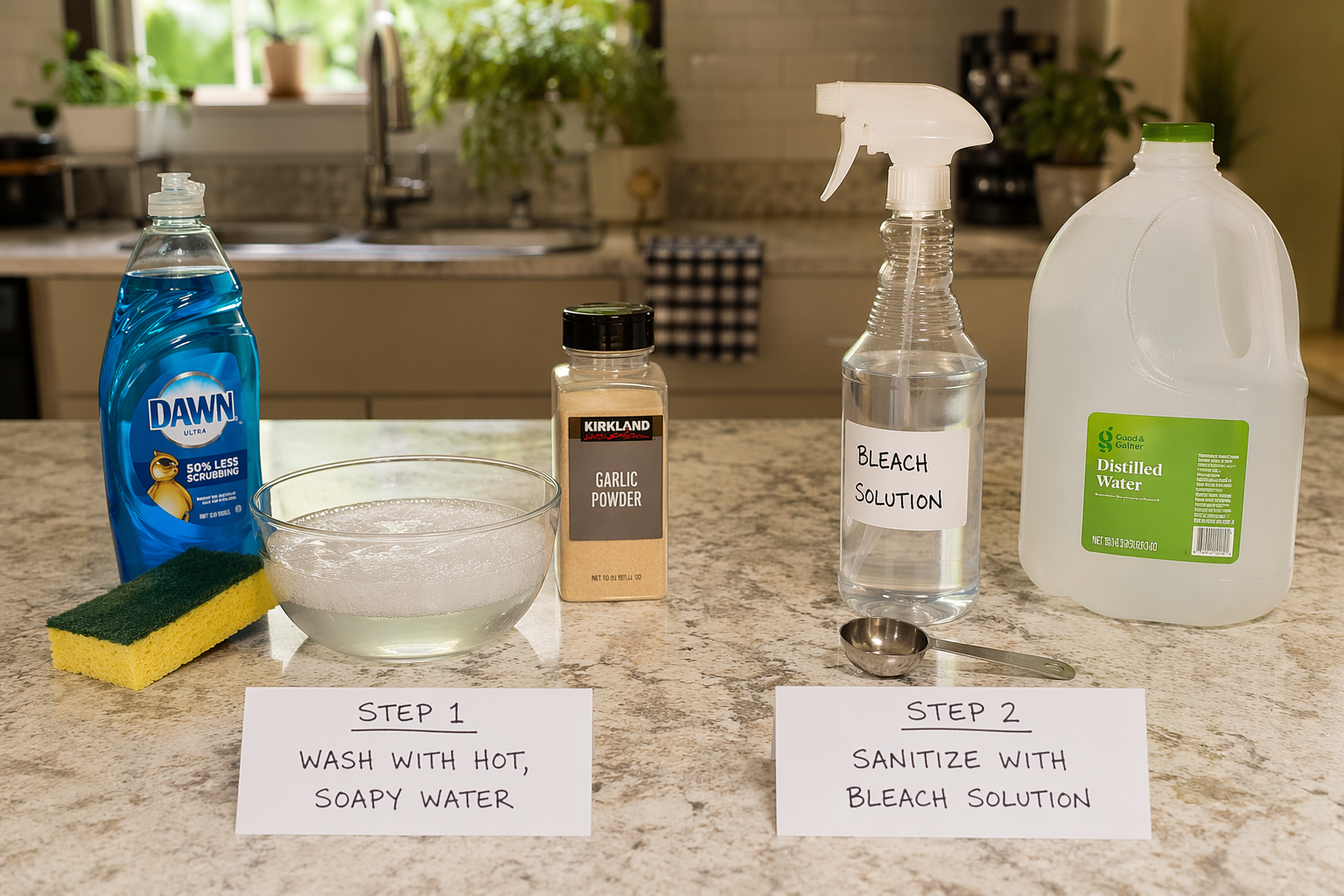 Kitchen counter showing hot soapy water and a bleach sanitizing solution setup