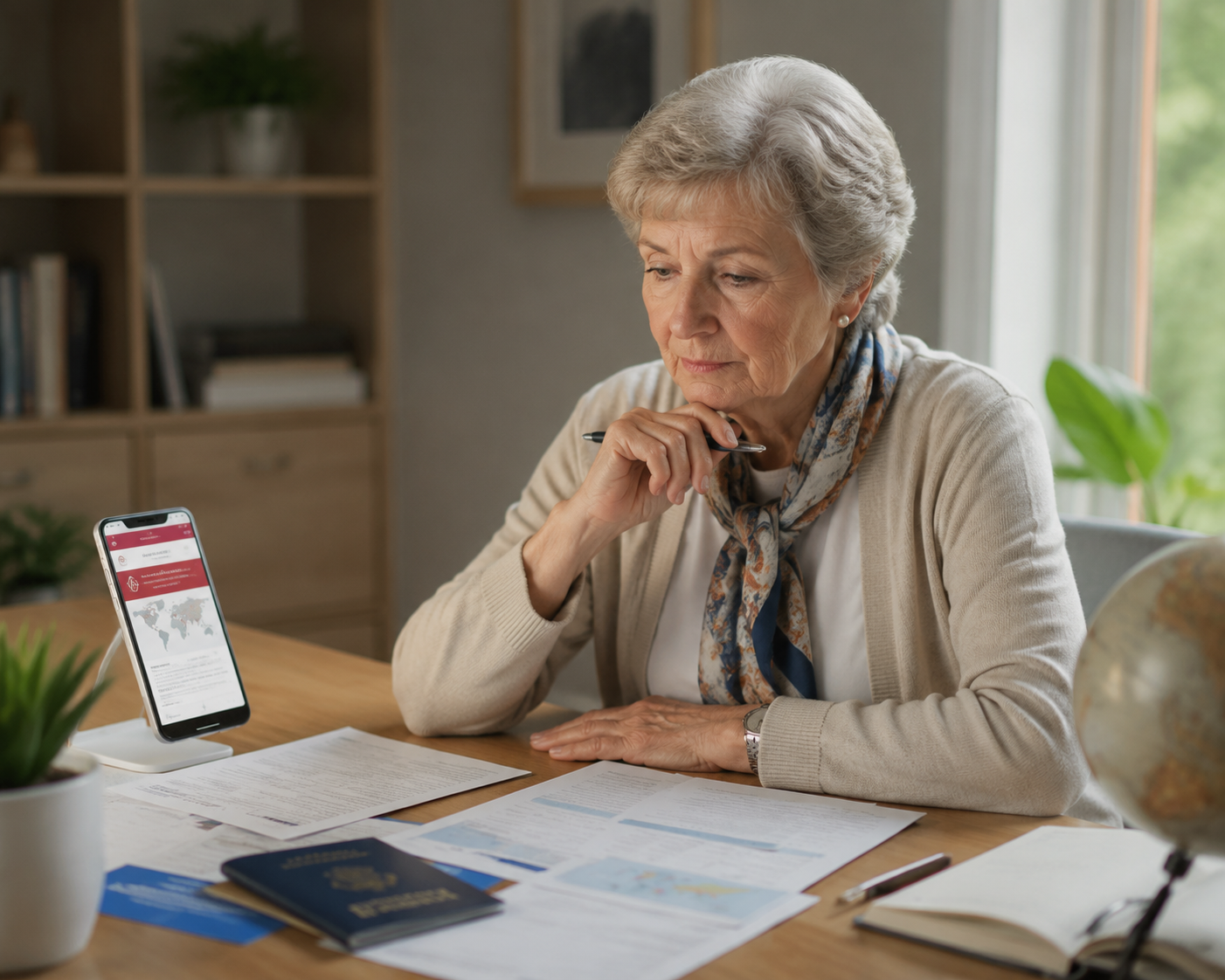 Older woman reviewing travel insurance documents beside a passport and a phone showing a travel advisory notice