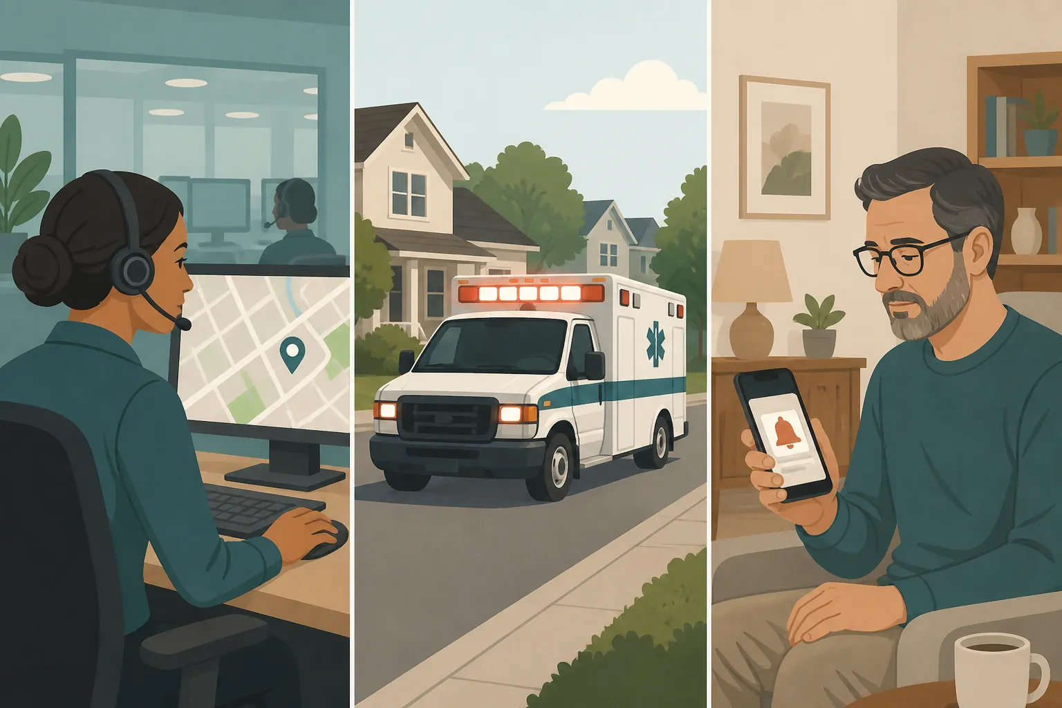 Illustration comparing a monitoring center operator, emergency responder, and family member receiving a phone alert