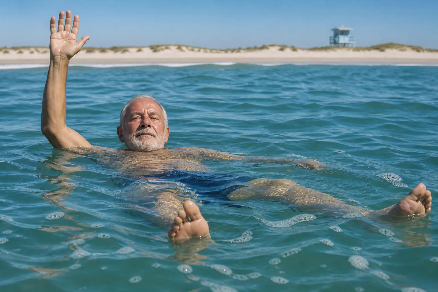Older adult floating calmly on his back in the ocean with one arm raised toward shore