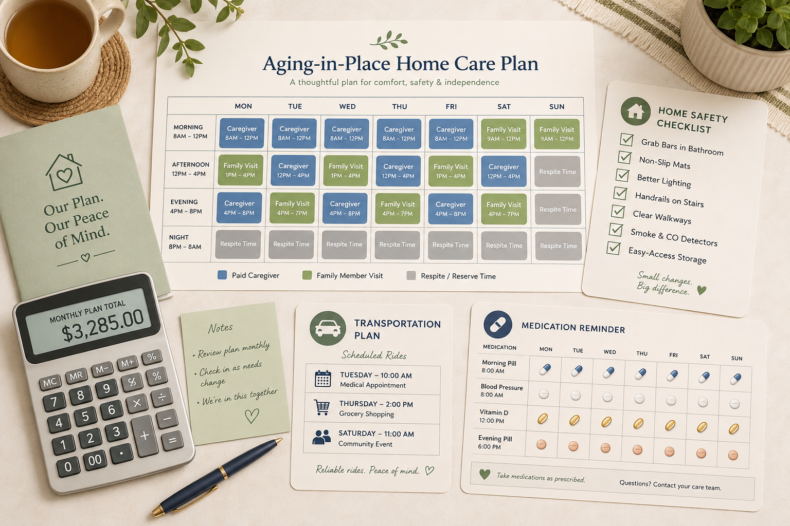 Kitchen table care plan with weekly caregiver schedule, calculator, medication chart, and home safety checklist