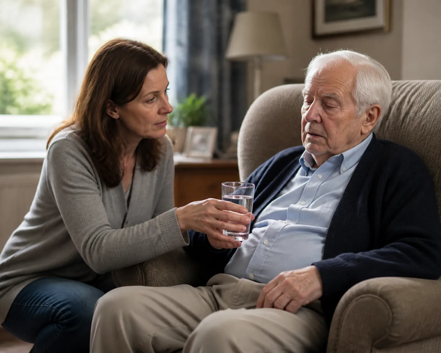 Adult daughter offering water to an elderly father who looks tired at home