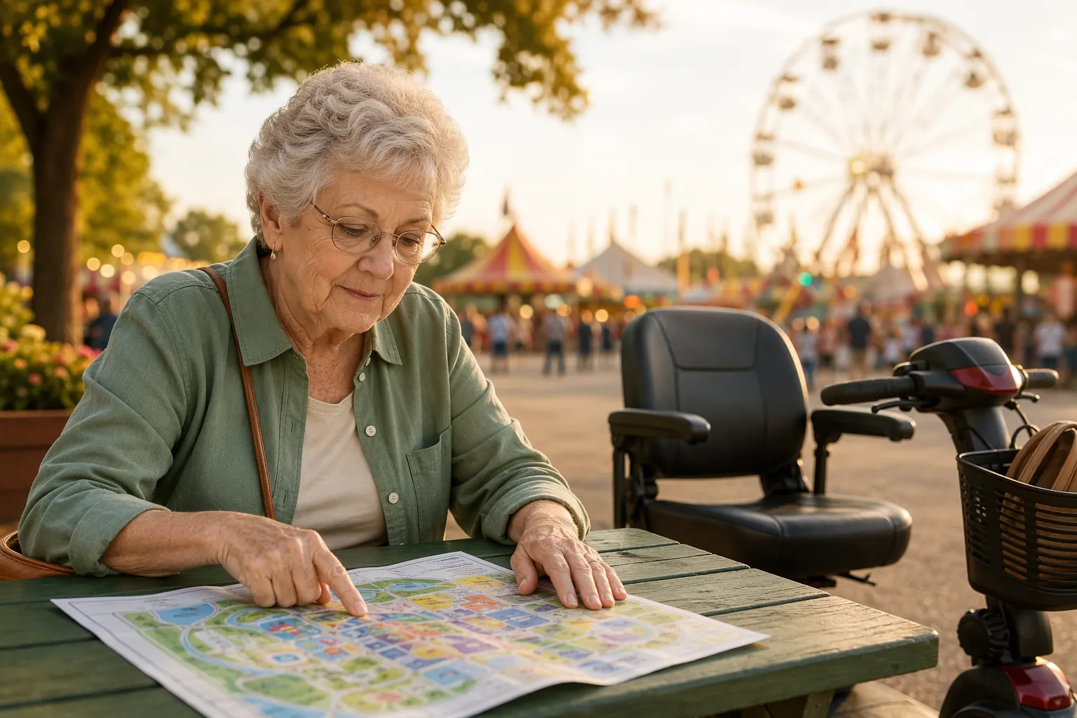 Older woman studying a state fair map at a picnic table with a mobility scooter nearby
