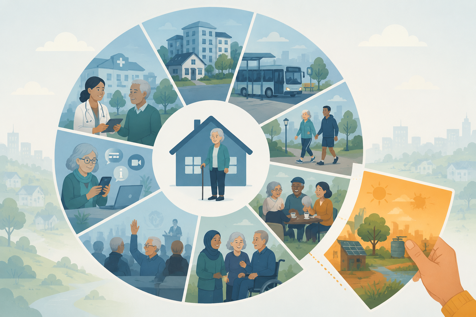 A circular diagram of eight age-friendly community domains around a central home and older adult icon, with a separate ninth segment for climate resilience.