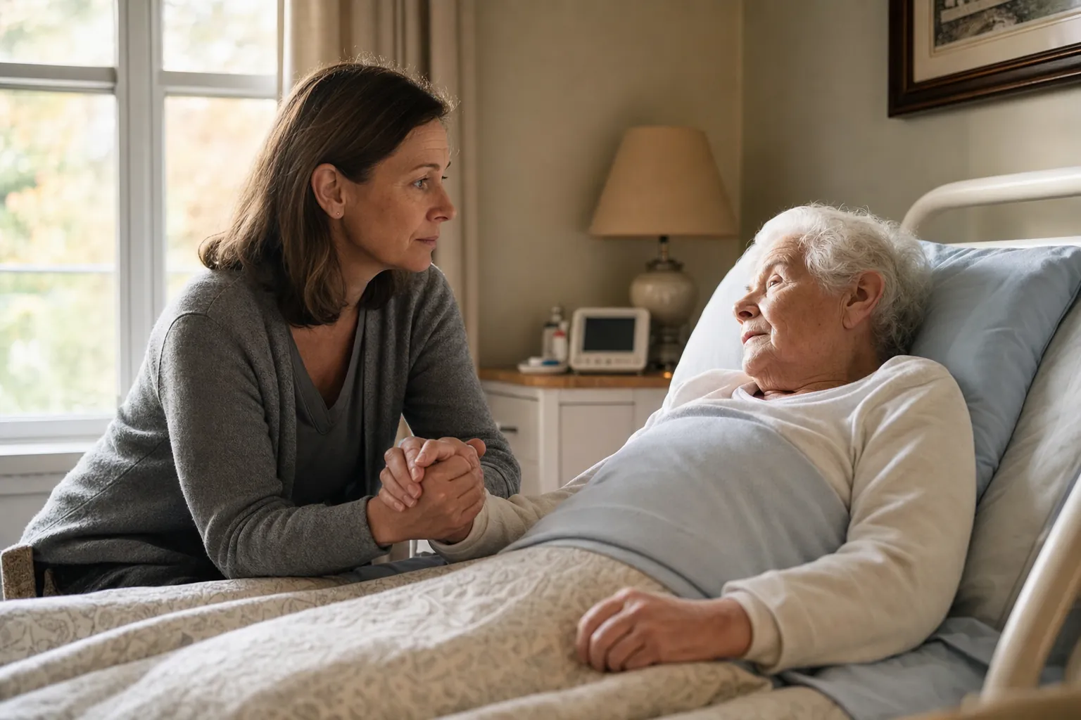 An adult child sits beside an elderly parent resting in bed and gently holds the parent's hand