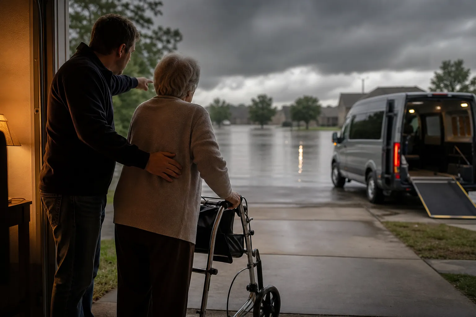 Older adult with a wheeled walker and a helper preparing to evacuate before floodwater reaches the driveway