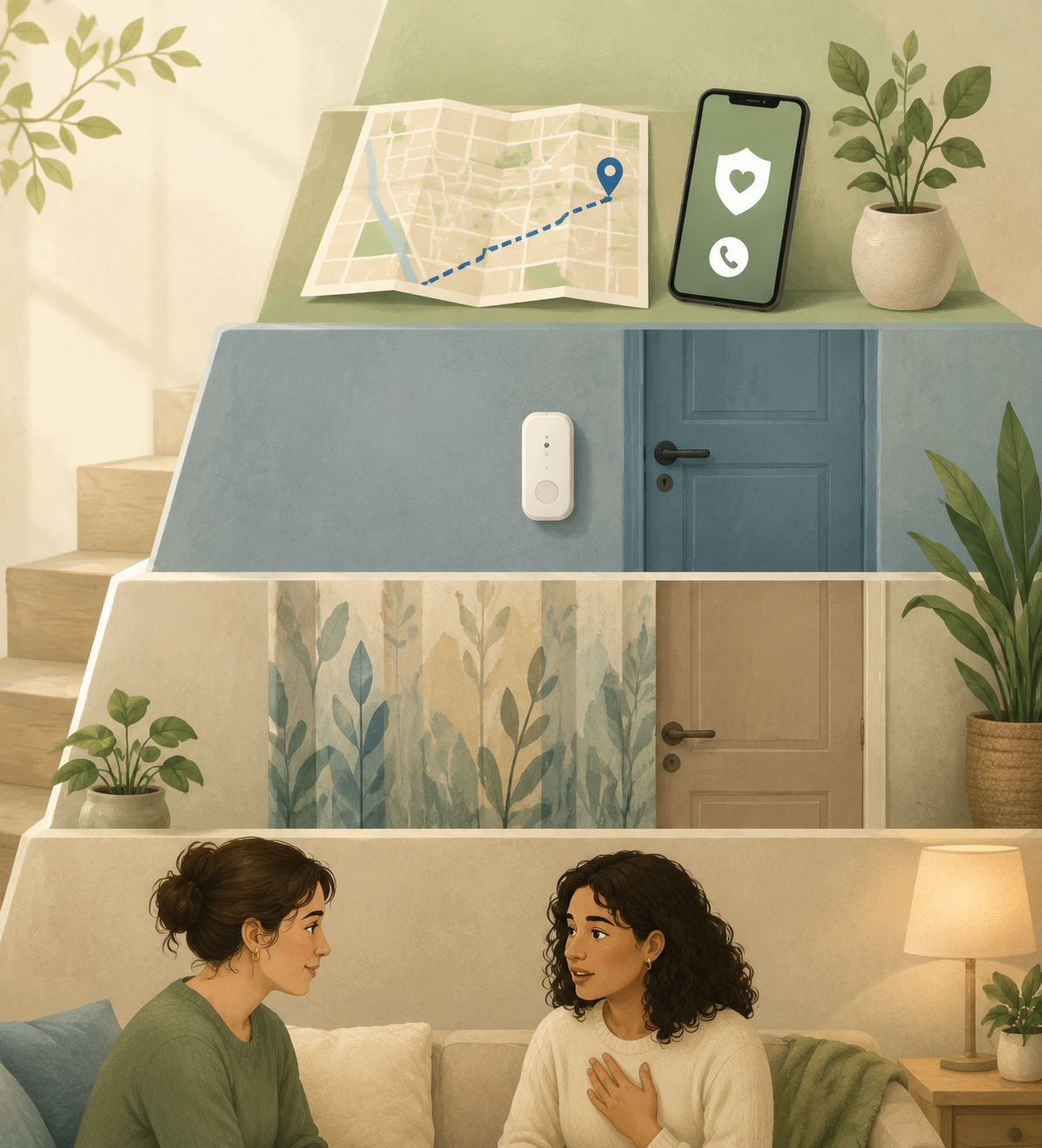 Layered dementia exit-seeking safety framework with connection, door camouflage, monitoring, and route planning